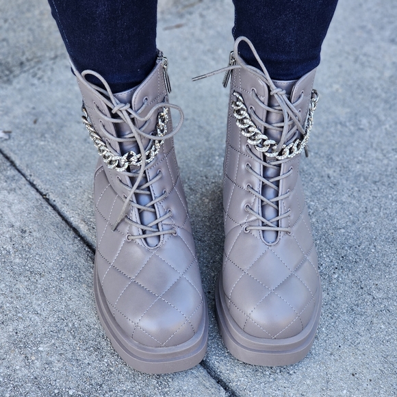 Womens Chunky Block Heel Ankle Combat Boots Taupe Color - Picture 2 of 6